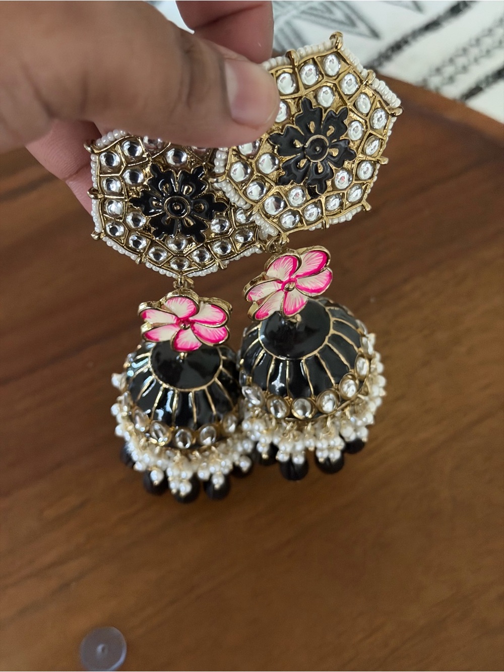 Handcrafted Black & Pink Kundan Jhumka Earrings